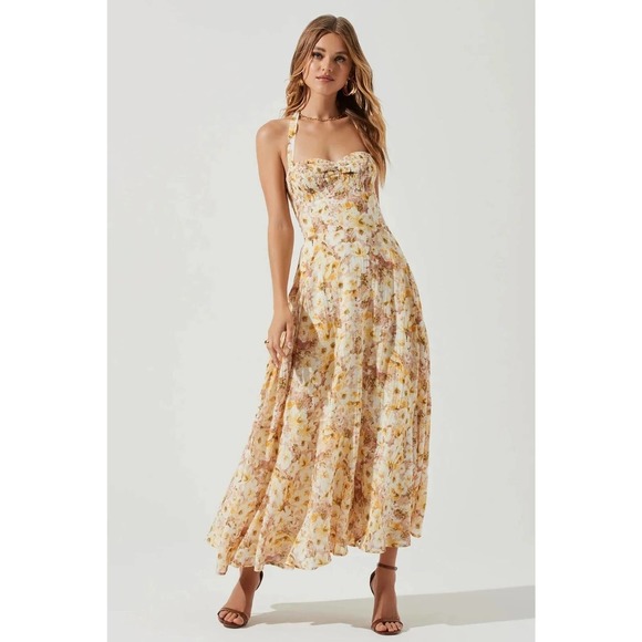 ASTR The Label Women's Mariella Taupe Yellow Floral Lined Maxi Dress - Picture 2 of 8